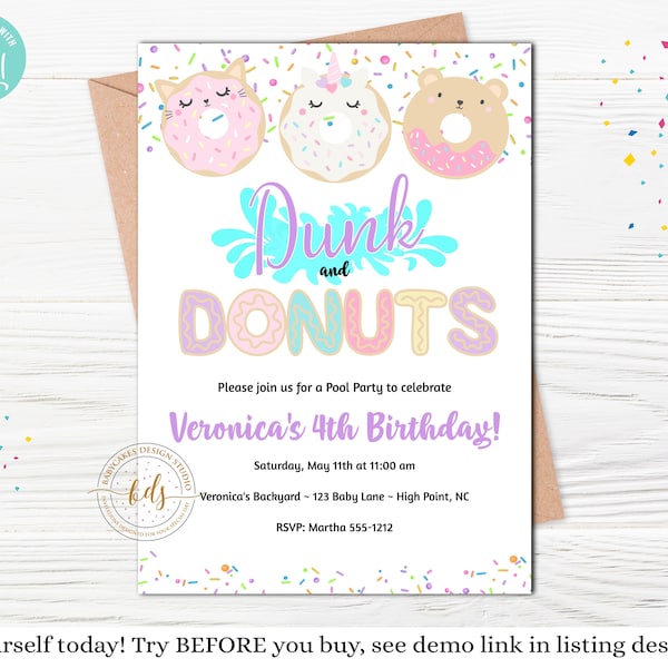 Editable Dunk and Donuts Birthday Party Invitation, Invite, Donut Pool Party, Digital, Printable