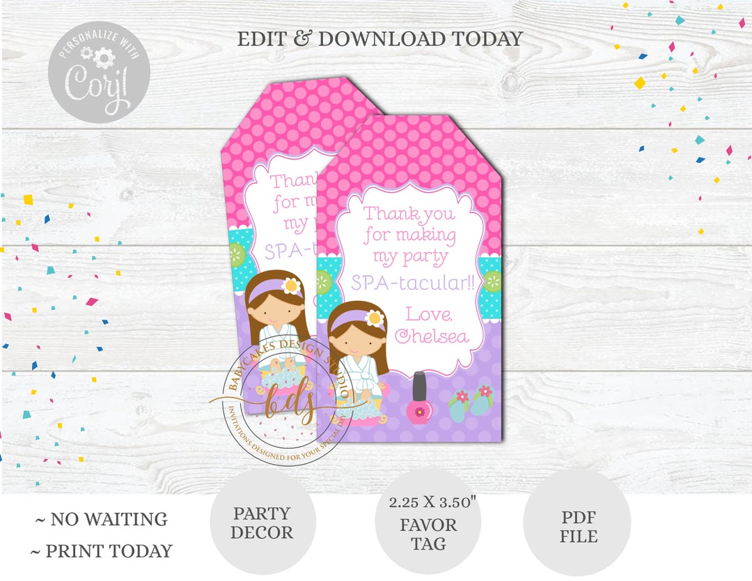Editable Spa Party Favor Tag, Gift Tag, Favour Tag, Digital, Printable ...