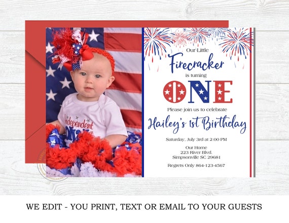Little Firecracker, July 4th Birthday Invitation, Invite, Photo, Picture, Digital, Printable Il_570xn