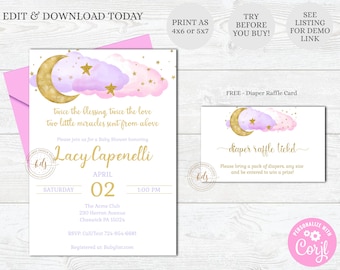 Editable Moon and Stars Girl Twins Baby Shower Invitation, invite, Digital, Printable, Instant Download, FREE Diaper Raffle Ticket