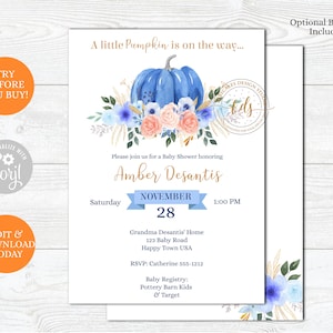 Editable Pumpkin Boy Baby Shower Invitation, Baby Sprinkle, Gender Neutral shower Invite, Printable, Digital
