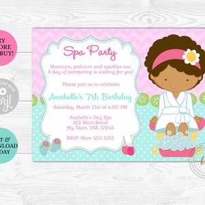 May include: Pink and blue spa party invitation with a cartoon illustration of a girl with brown skin wearing a white robe and a pink headband. The text reads "Spa Party" and "Anabelle's 7th Birthday".