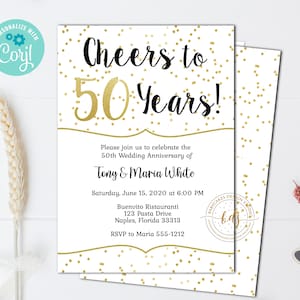 Puede incluir: Una tarjeta de invitación blanca con confeti dorado y el texto "Cheers to 50 Years!" La invitación es para un 50 aniversario de boda para Tony y Maria White. El evento se llevará a cabo el sábado 15 de junio de 2020 a las 6:00 PM en Buenvito Ristauranti, 123 Pasta Drive, Naples, Florida 33313. RSVP a Maria 555-1212.