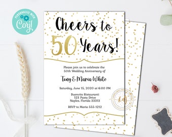 Editable 50th Wedding Anniversary invitation, invite, cheers to 50 years, Golden Anniversary, Digital, Printable