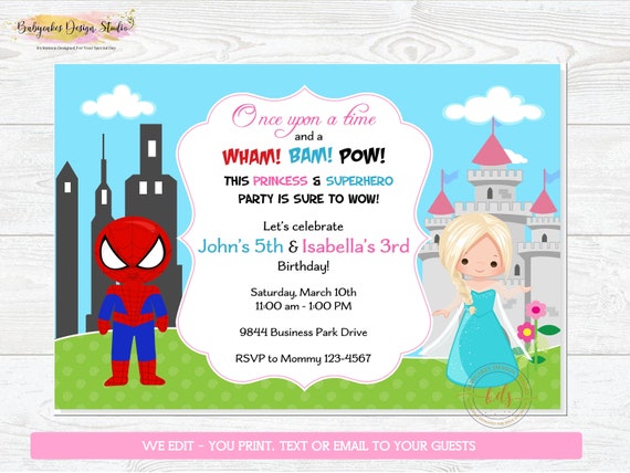 Princess and Superhero birthday party Invitation, invite, sibling
