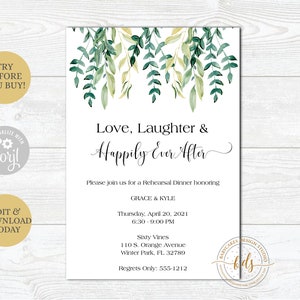 Editable Greenery Bridal Shower Invitation, Invite, Garden Party, Rehearsal Dinner, Engagement, Wedding, Printable, Digital
