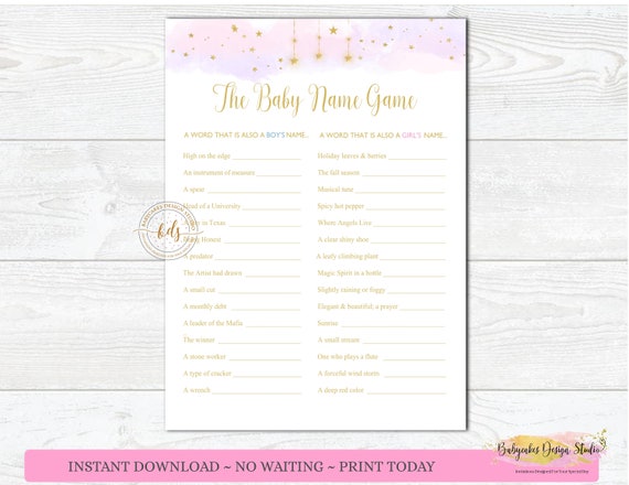 Instant Download The Baby Name Game, Moon and Stars Baby Shower Games, Digital, Printable Il_570xn