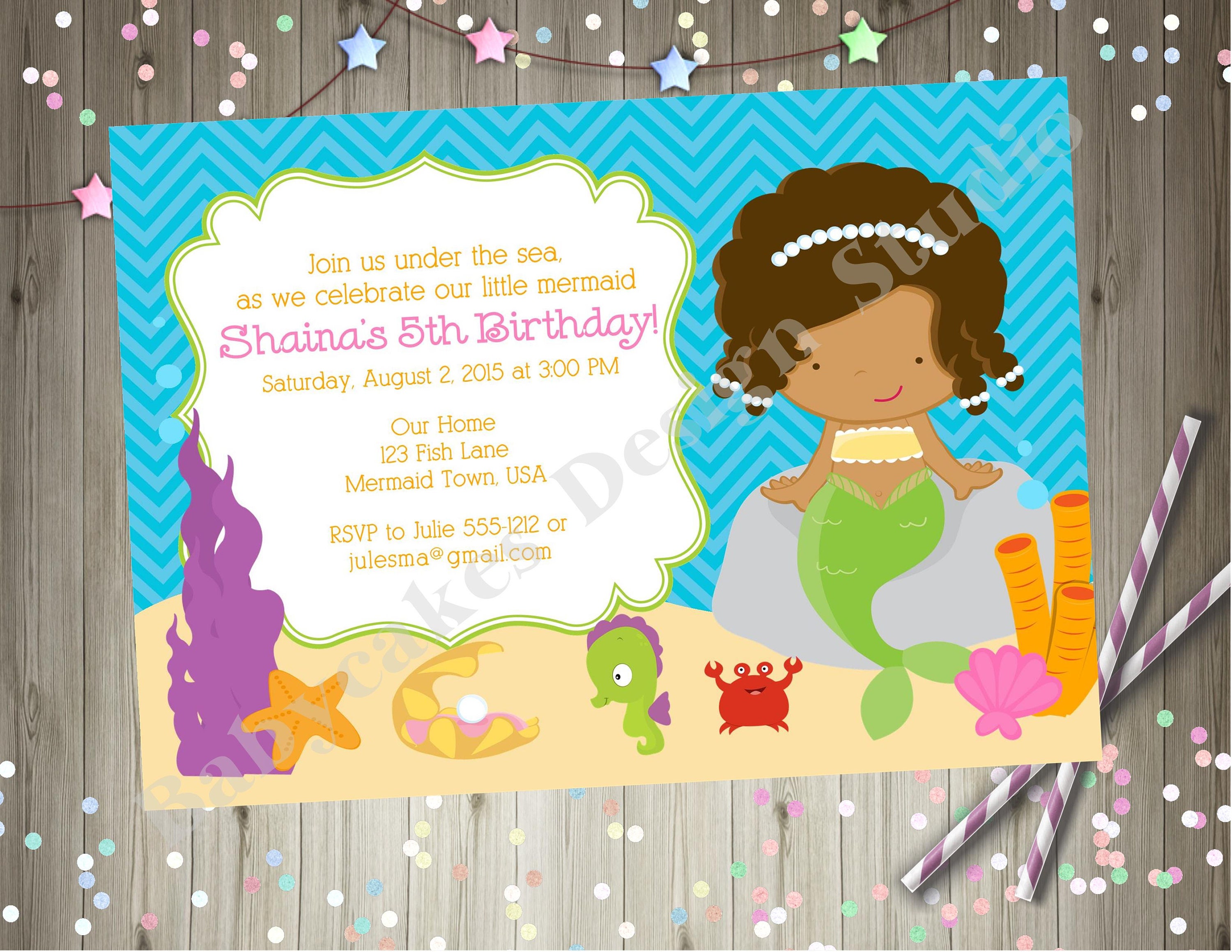Mermaid Birthday Party Invitation Invite African American Girl Etsy