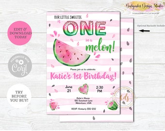 Editable One in a Melon Birthday Invitation, Invite, Printable, digital