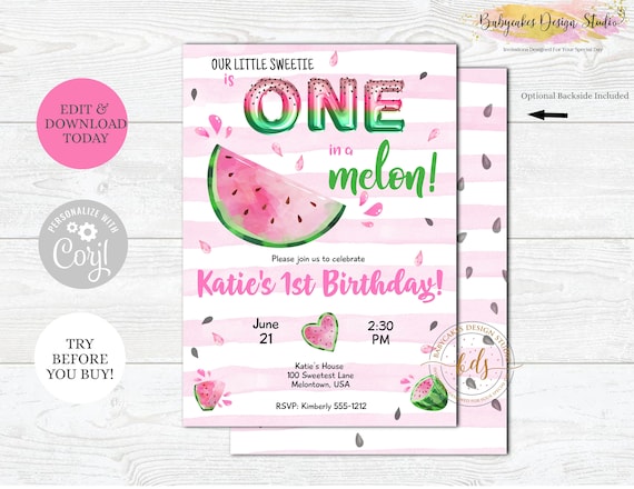 Editable One in a Melon Birthday Invitation, Invite, Printable, digital Il_570xn