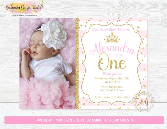 Pink and Gold Princess 1st Birthday Invitation, invite, Photo, Picture, Digital, Printable Il_570xn