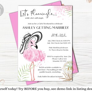 Puede incluir: Ilustración de un flamenco rosa con un sombrero negro y gafas de sol sobre un fondo blanco con salpicaduras de acuarela rosa. El texto "Let's Flamin'gle... while she's still single." está en la parte superior de la tarjeta. El texto "Ashley Getting Married!" está debajo del flamenco. El texto "All the details" está debajo del flamenco. El texto "July 29th Check In 4:00 PM" está debajo del flamenco. El texto "July 31st Check Out 11:00 AM" está debajo del flamenco. El texto "Pink Shell Beach Resort" está debajo del flamenco. El texto "Ft. Myers Beach, Florida" está debajo del flamenco. El texto "RSVP is required by June 21st" está debajo del flamenco. El texto "Please Call or text" está debajo del flamenco. El texto "Amanda 555-1212" está debajo del flamenco. El texto "Beach activities available to purchase: Parasailing, jet skis, paddle boards, snorkeling." está debajo del flamenco. El texto "Daily Buffet Breakfast Included" está debajo del flamenco.