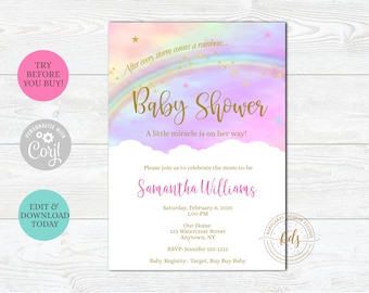Rainbow Baby Shower Invitation, Rainbow Baby Sprinkle, invite, printable, digital. instant download
