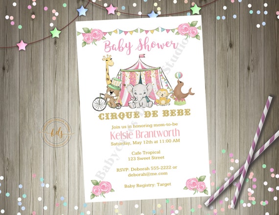 Circus Baby Shower Invitation, Invite, Cirque de Bebe, pink circus invitation Il_570xn