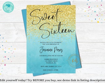 May include: A blue and gold glitter Sweet Sixteen birthday invitation with the text "Sweet Sixteen" in gold script. The invitation includes the name "Jasmine Perez", the date and time of the party, the address, and RSVP information.