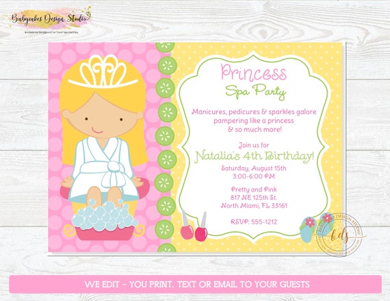 Princess Spa Party Invitation, invite, digital, printable, CHOOSE YOUR GIRL Il_570xn