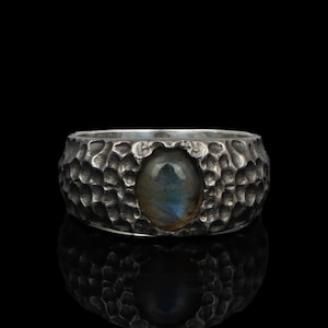 Labradorite Signet Ring, Oxidized Sterling Silver, Vintage Style