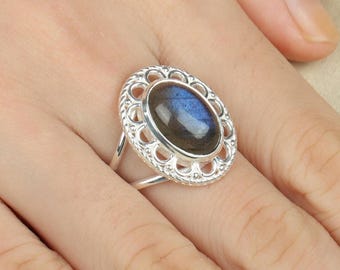 Labradorite Statement Ring - Handmade 925 Sterling Silver - Blue Fire Gemstone Jewelry