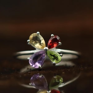 Multi Birthstone Flower Ring, Sterling Silver Amethyst Citrine Garnet Peridot