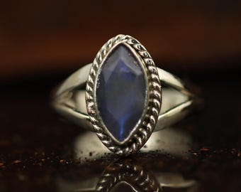 Blue Fire Labradorite Ring: Handmade Sterling Silver Band