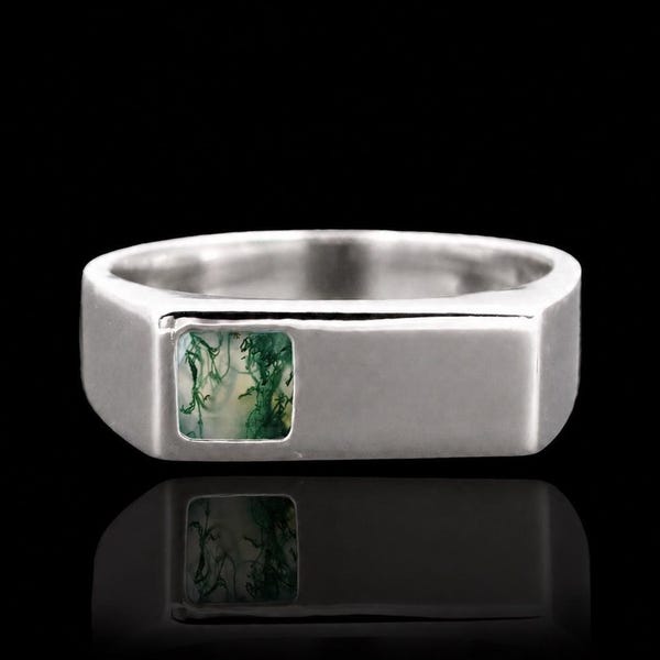 Anillo de sello de ágata musgosa verde, anillo de plata de ley para hombre, regalo para novio
