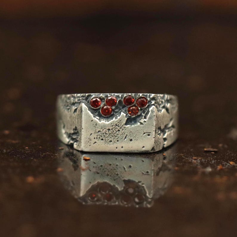 May include: A silver-toned ring with a textured surface and a rectangular shape. The ring is adorned with six small, round, red gemstones. The design has a rustic, handcrafted appearance, suggesting a focus on artisanal jewelry.