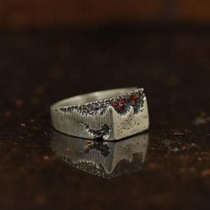 May include: A silver ring with a rectangular face, featuring a textured, rugged design. The ring is adorned with several small, round, red gemstones. The band has a slightly worn appearance, adding to its unique aesthetic.