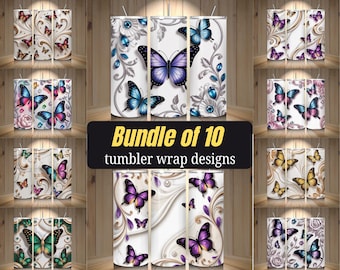 Bündel von 10, 3D-Schmetterlings-Becher-Wrap, eleganter Perlen-Marmor-Schmetterling PNG, Luxus-Glam-20-Unzen-Becherdesigns Skinny Cup-Sublimationsdesign