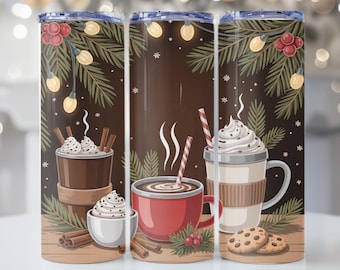 Gemütliche Weihnachtskakao Tumbler Wrap PNG | Heiße Schokoladen Kekse Zuckerstange Design | 20 Unzen Sublimationsverpackung | Festtage Urlaub Digital Download