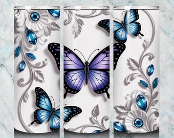 Blaue und purpurrote 3D-Schmetterlings-Trinkgefäß-Verpackung, elegantes silbernes Blumenedelstein-Design, dünne 3D-Luxusschalenkunst, Geschenk für sie