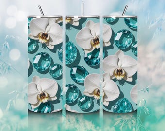 Orchidee & Aqua Edelstein Becher | Elegantes 20 Unzen Sublimationsdesign (PNG)