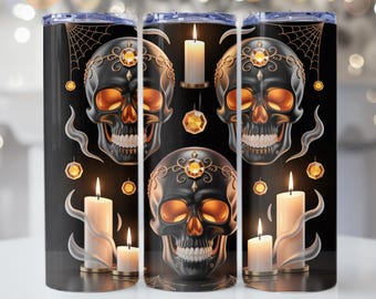 Gothic Totenkopf Kerze Tumbler Wrap PNG | Luxus 3D Skull & Gem Design für 20 Unzen Straight Skinny Becher | Digital Wrap Download