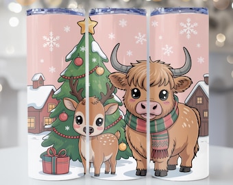 Highland Kuh Weihnachten Kunst niedlichen Rentier Illustration Winter Dorf Szene Kinderzimmer Wand Dekor Kinder Urlaub Druck digitaler Download