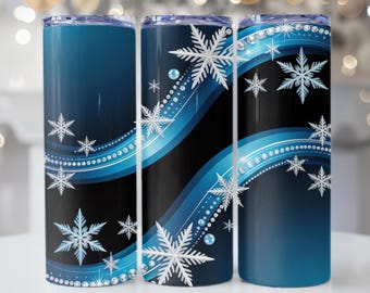 Winter Blaue Schneeflocke Tumbler Wrap PNG | Eisiges Glitzer Frost Design | Nahtlose 20 Unzen gefrostete blaue Weihnachtsverpackung | Digitaler Download
