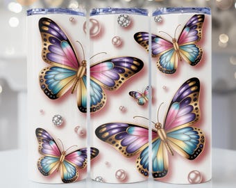 Lebendige Pastell Schmetterling Tumbler Wrap PNG | Buntes Gold Design Schmetterling Tasse | Elegant Frühlings Regenbogen Skinny Wrap für Sublimation