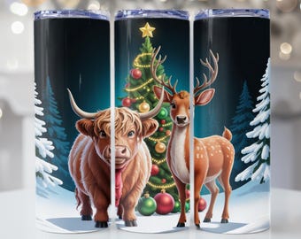 Christmas Highland Cow Deer Tumbler Wrap Festliches Feiertags-Bäume Design Niedliche Kuh & Deer Sublimationsweihnachtsgeschenkidee 20 Unzen Wrap PNG