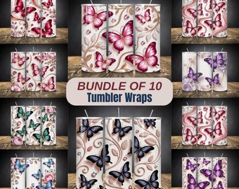 Bündel von 10, 3D-Schmetterlings-Becher-Wrap, eleganter Perlen-Marmor-Schmetterling PNG, Luxus-Glam-20-Unzen-Becherdesigns Skinny Cup-Sublimationsdesign
