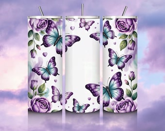 Lila Schmetterling Tumbler Wrap | Blumen Rose PNG | Nahtlose 20 Unzen Wrap | Pastell Schmetterling Sublimation | Digitaler Download | 300DPI PNG
