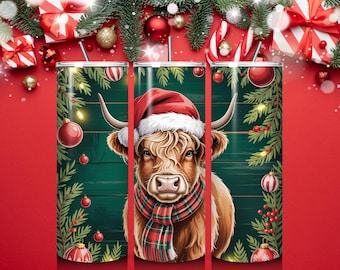 Gemütliche Highland Kuh Weihnachten Tumbler Wrap PNG | Festliches Winter Buffalo Karo Design | Urlaub Kuh Print Cup Wrap für Sublimation Crafts