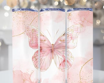 Rosa Schmetterling Tumbler Wrap Gold Aquarell, 20 Unze Skinny PNG Digital Download Sublimation Designs, Schmetterling Tumbler Wraps Geschenk für sie