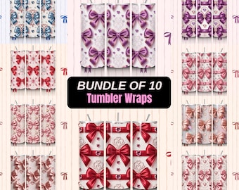 Kokette Bogen Herzen Tumbler Wraps Bundle, 20 Unze Skinny Sublimation PNG, Pastell Rosa Gingham Herzen Floral niedlich ästhetischer digitaler Download,