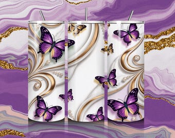 Purple & Gold 3D Schmetterling Tumbler Wrap, eleganter Perlenmarmor Schmetterling PNG, Luxus Glam 20 Unzen Tumbler Designs Skinny Cup Sublimation Design