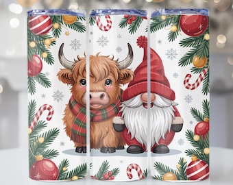 Weihnachten Tumbler Wrap | Weihnachts Ornament png | Highland Kuh png | Festliche Zwergensublimation | 20 Unzen dünne, nahtlose Becherverpackung