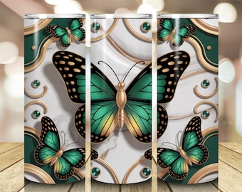 Grün & Gold 3D Schmetterling Tumbler Wrap, eleganter Perlenmarmor Schmetterling PNG, Luxus Glam 20 Unzen Tumbler Designs Skinny Cup Sublimation Design