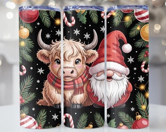 Weihnachten Tumbler Wrap | Weihnachts Ornament png | Highland Kuh png | Festliche Zwergensublimation | 20 Unzen dünne, nahtlose Becherverpackung