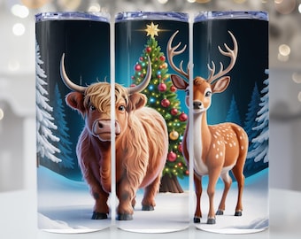 Christmas Highland Cow Deer Tumbler Wrap Festliches Feiertags-Bäume Design Niedliche Kuh & Deer Sublimationsweihnachtsgeschenkidee 20 Unzen Wrap PNG