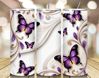 Purple & Gold 3D Schmetterling Tumbler Wrap, eleganter Perlenmarmor Schmetterling PNG, Luxus Glam 20 Unzen Tumbler Designs Skinny Cup Sublimation Design
