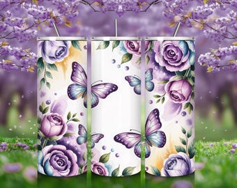 Purpurrote 3D-Schmetterlings-Becher-Verpackung, eleganter Perlen-Marmor-Schmetterling PNG, Luxus-Glam 20-Unzen-Becher entwirft Skinny Cup-Sublimations-Design