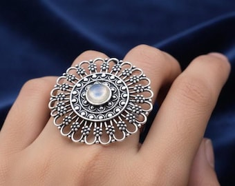 Moonstone Mandala Statement Ring, Vintage Silver Boho Ring, Handmade Floral Adjustable Ring, Ethnic Tribal Jewelry Gift