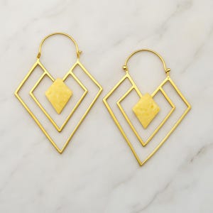 Geometric Brass Earrings with Heart Centerpiece, Handmade Modern Tribal Earrings, Lightweight Boho Earring, Statement Jewelry, Hoop Earring